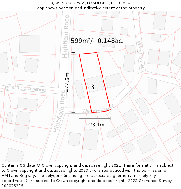 3, WENDRON WAY, BRADFORD, BD10 8TW: Plot and title map