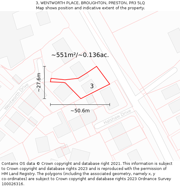 3, WENTWORTH PLACE, BROUGHTON, PRESTON, PR3 5LQ: Plot and title map