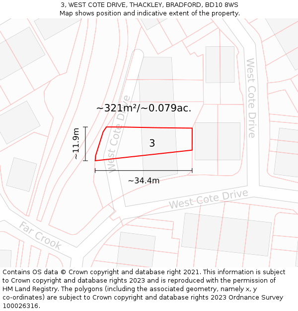 3, WEST COTE DRIVE, THACKLEY, BRADFORD, BD10 8WS: Plot and title map