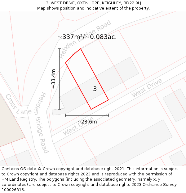 3, WEST DRIVE, OXENHOPE, KEIGHLEY, BD22 9LJ: Plot and title map