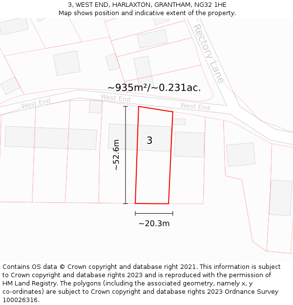 3, WEST END, HARLAXTON, GRANTHAM, NG32 1HE: Plot and title map