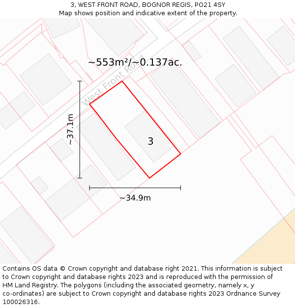 3, WEST FRONT ROAD, BOGNOR REGIS, PO21 4SY: Plot and title map