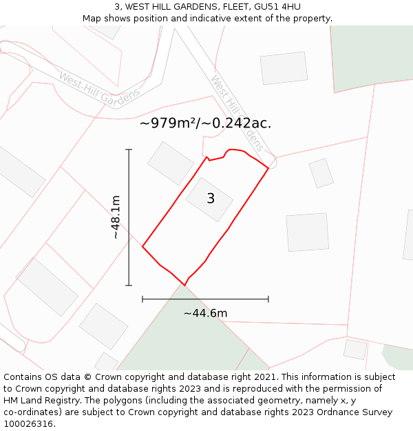 3, WEST HILL GARDENS, FLEET, GU51 4HU: Plot and title map