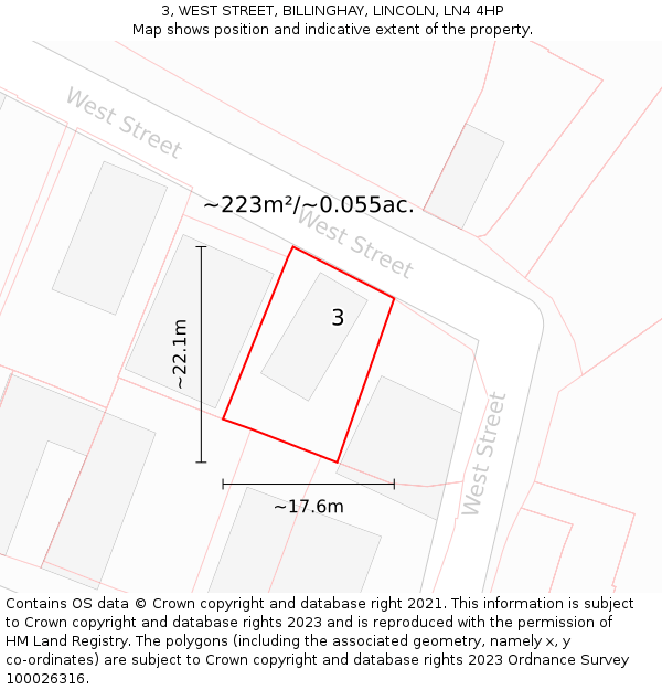 3, WEST STREET, BILLINGHAY, LINCOLN, LN4 4HP: Plot and title map