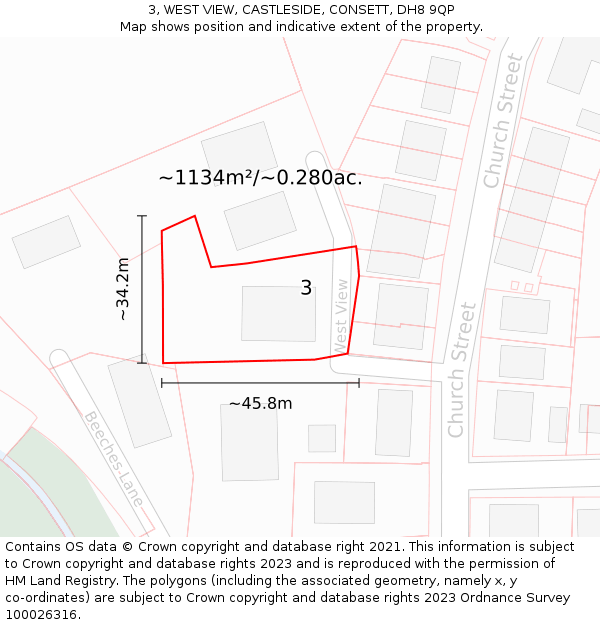 3, WEST VIEW, CASTLESIDE, CONSETT, DH8 9QP: Plot and title map