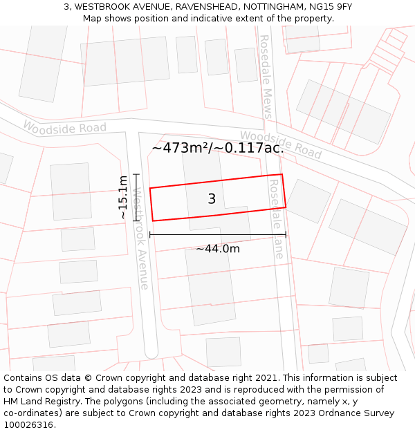 3, WESTBROOK AVENUE, RAVENSHEAD, NOTTINGHAM, NG15 9FY: Plot and title map