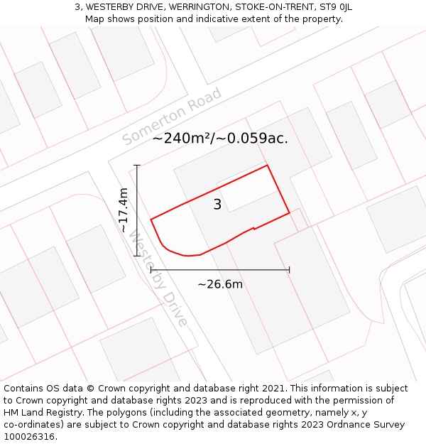 3, WESTERBY DRIVE, WERRINGTON, STOKE-ON-TRENT, ST9 0JL: Plot and title map