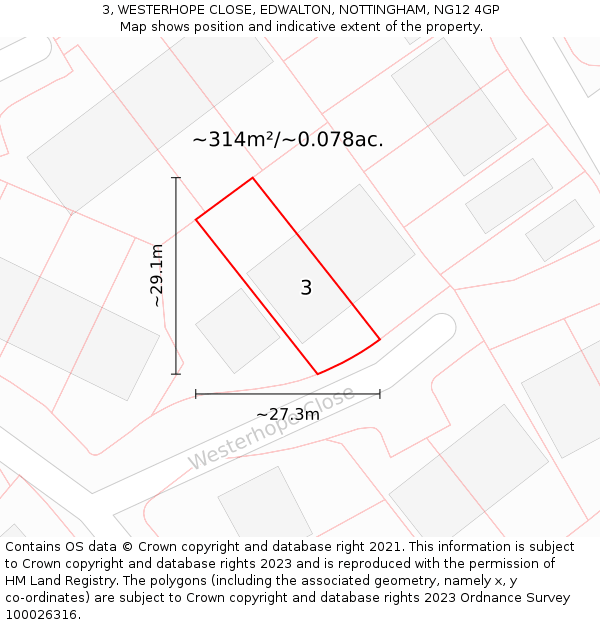 3, WESTERHOPE CLOSE, EDWALTON, NOTTINGHAM, NG12 4GP: Plot and title map