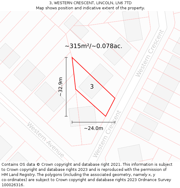 3, WESTERN CRESCENT, LINCOLN, LN6 7TD: Plot and title map