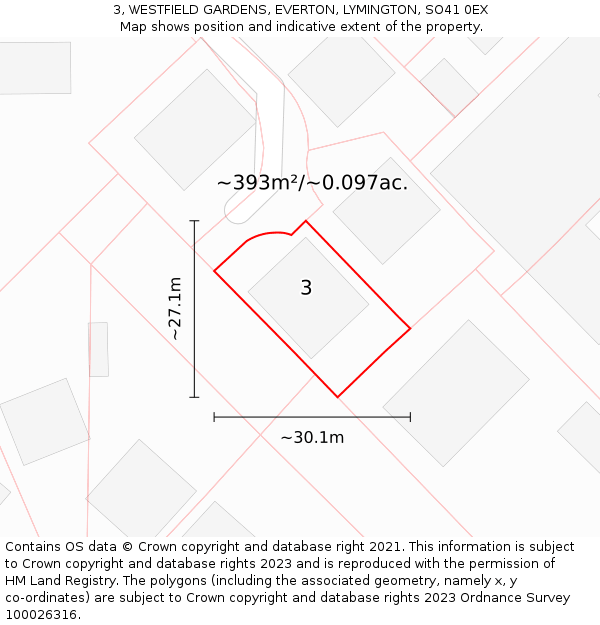 3, WESTFIELD GARDENS, EVERTON, LYMINGTON, SO41 0EX: Plot and title map