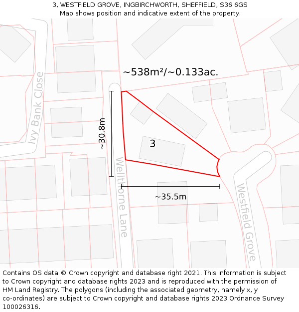 3, WESTFIELD GROVE, INGBIRCHWORTH, SHEFFIELD, S36 6GS: Plot and title map