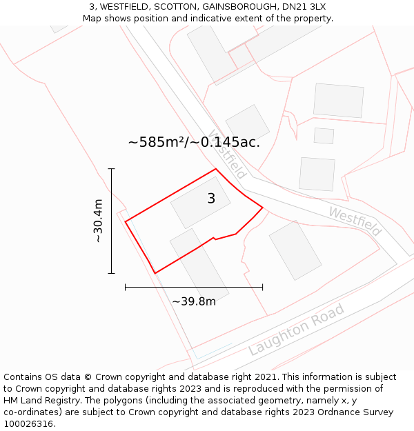 3, WESTFIELD, SCOTTON, GAINSBOROUGH, DN21 3LX: Plot and title map