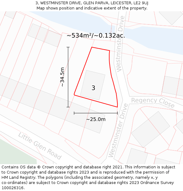 3, WESTMINSTER DRIVE, GLEN PARVA, LEICESTER, LE2 9UJ: Plot and title map