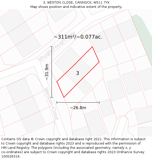 3, WESTON CLOSE, CANNOCK, WS11 7YX: Plot and title map