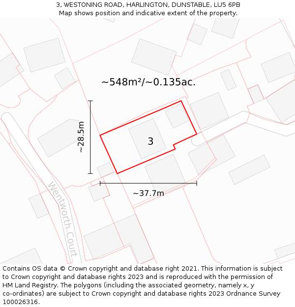 3, WESTONING ROAD, HARLINGTON, DUNSTABLE, LU5 6PB: Plot and title map