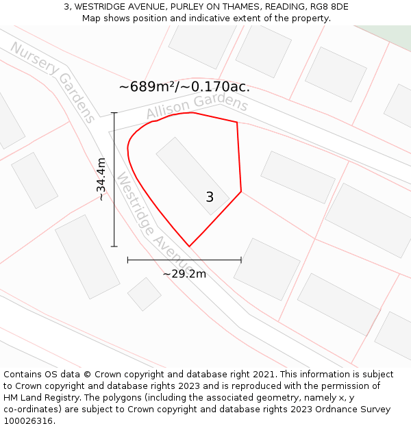 3, WESTRIDGE AVENUE, PURLEY ON THAMES, READING, RG8 8DE: Plot and title map