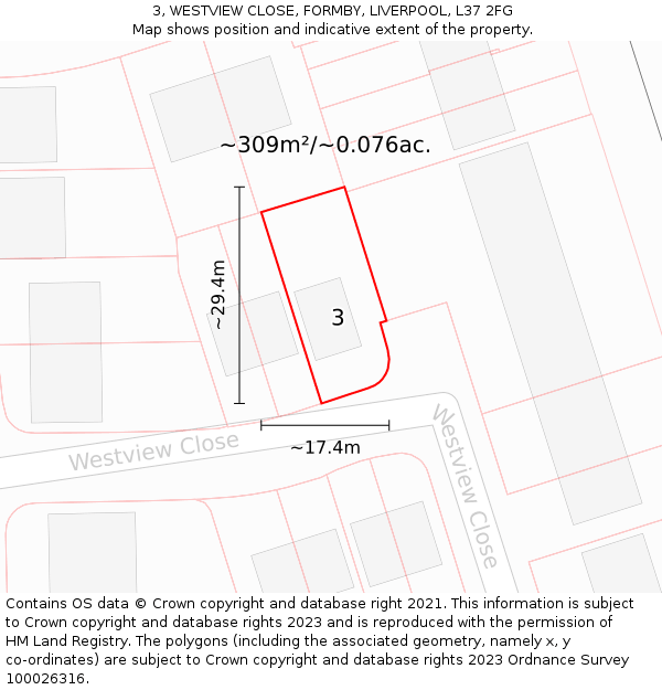 3, WESTVIEW CLOSE, FORMBY, LIVERPOOL, L37 2FG: Plot and title map