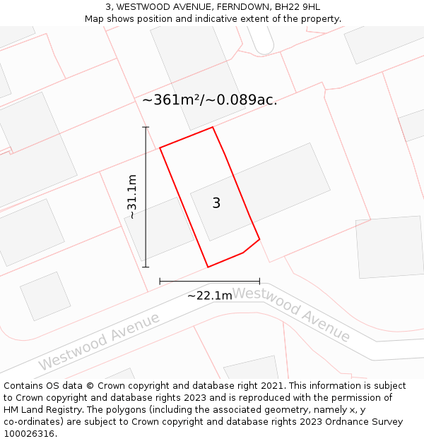 3, WESTWOOD AVENUE, FERNDOWN, BH22 9HL: Plot and title map