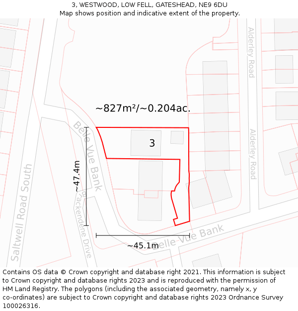 3, WESTWOOD, LOW FELL, GATESHEAD, NE9 6DU: Plot and title map