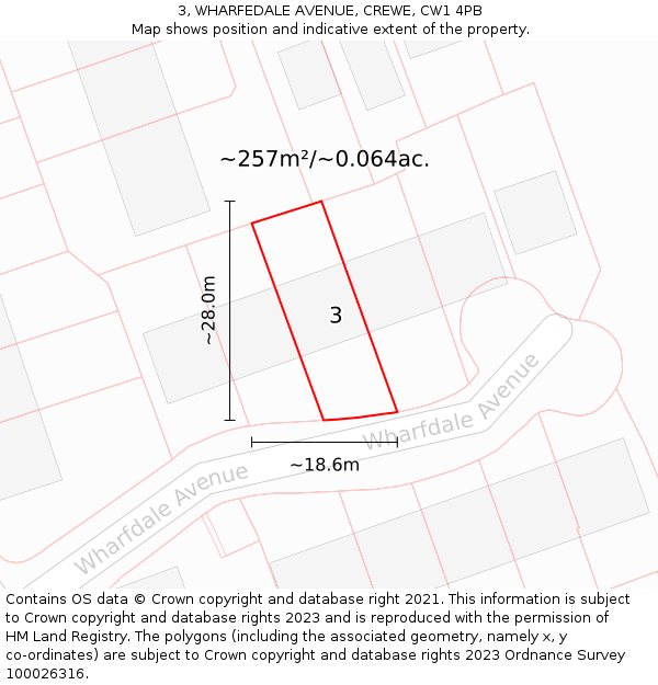 3, WHARFEDALE AVENUE, CREWE, CW1 4PB: Plot and title map