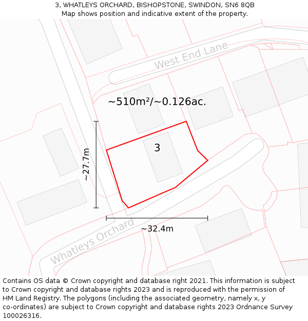 3, WHATLEYS ORCHARD, BISHOPSTONE, SWINDON, SN6 8QB: Plot and title map