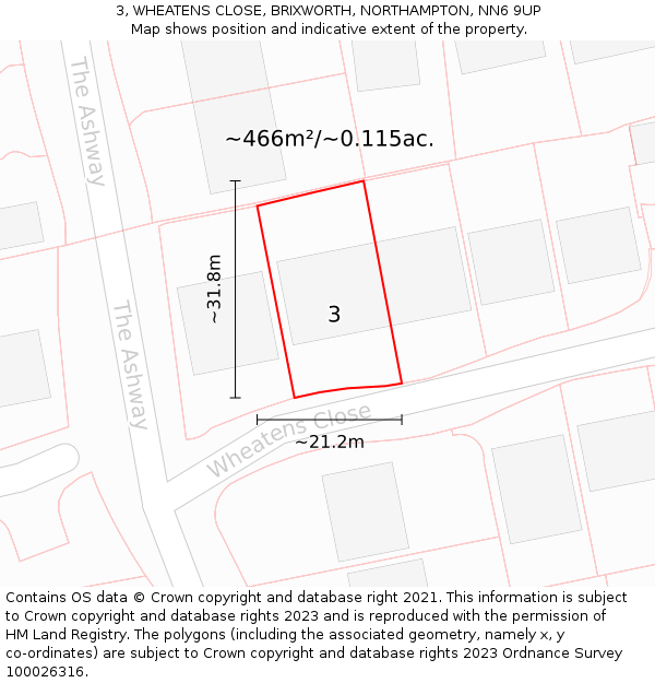 3, WHEATENS CLOSE, BRIXWORTH, NORTHAMPTON, NN6 9UP: Plot and title map