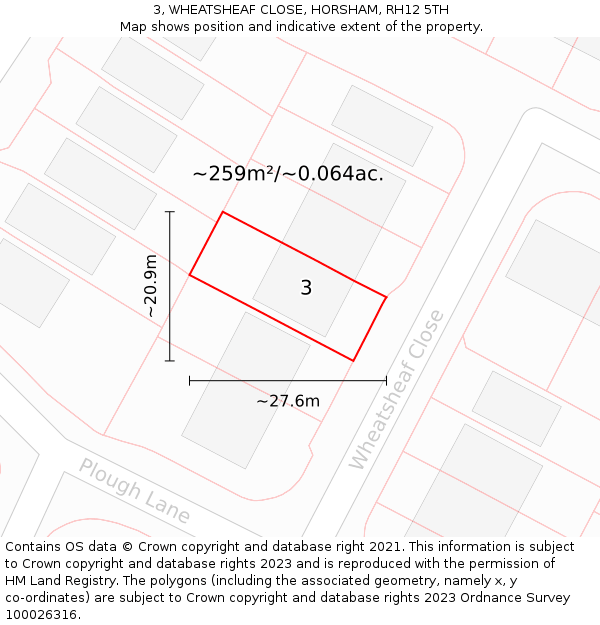 3, WHEATSHEAF CLOSE, HORSHAM, RH12 5TH: Plot and title map