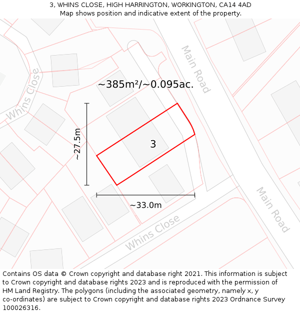 3, WHINS CLOSE, HIGH HARRINGTON, WORKINGTON, CA14 4AD: Plot and title map