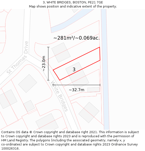 3, WHITE BRIDGES, BOSTON, PE21 7GE: Plot and title map