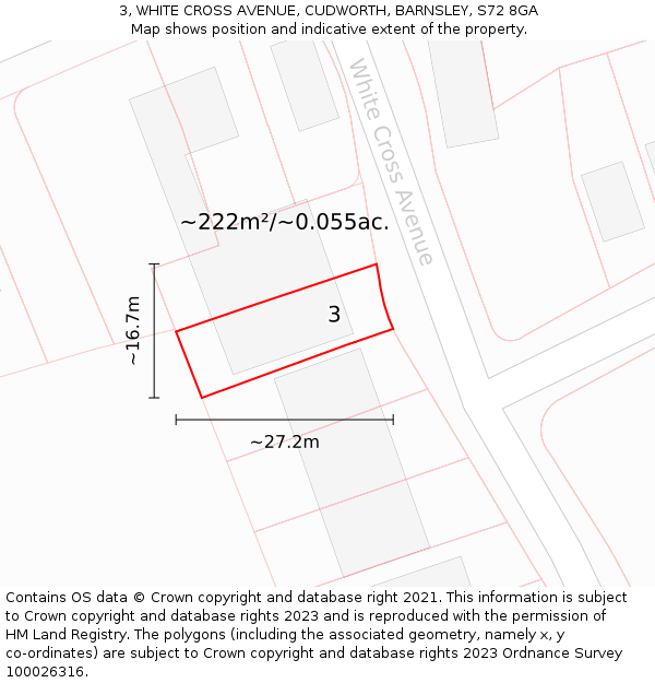 3, WHITE CROSS AVENUE, CUDWORTH, BARNSLEY, S72 8GA: Plot and title map