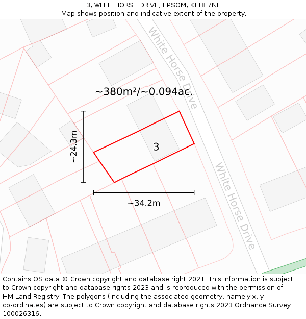 3, WHITEHORSE DRIVE, EPSOM, KT18 7NE: Plot and title map