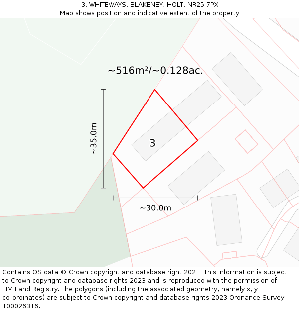 3, WHITEWAYS, BLAKENEY, HOLT, NR25 7PX: Plot and title map