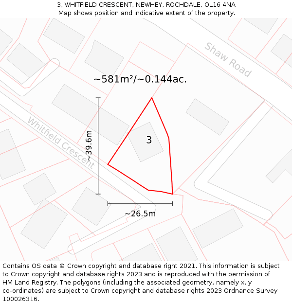 3, WHITFIELD CRESCENT, NEWHEY, ROCHDALE, OL16 4NA: Plot and title map