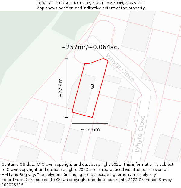 3, WHYTE CLOSE, HOLBURY, SOUTHAMPTON, SO45 2FT: Plot and title map