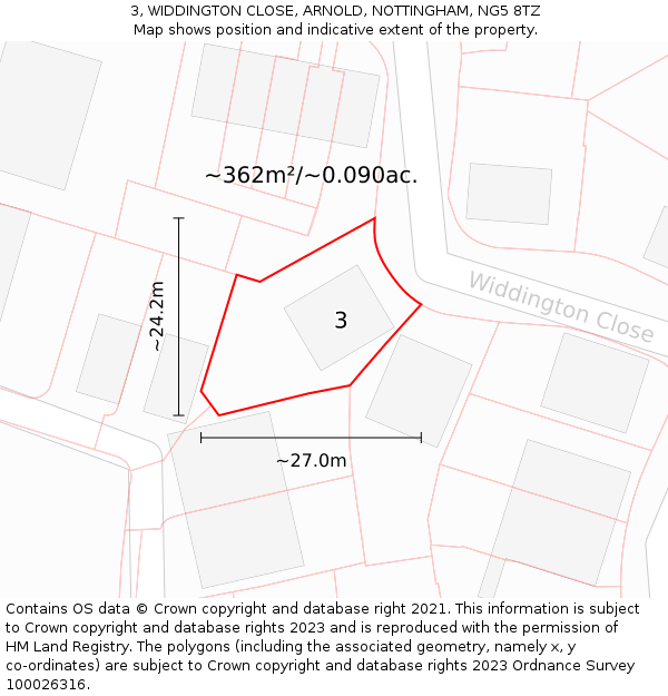 3, WIDDINGTON CLOSE, ARNOLD, NOTTINGHAM, NG5 8TZ: Plot and title map