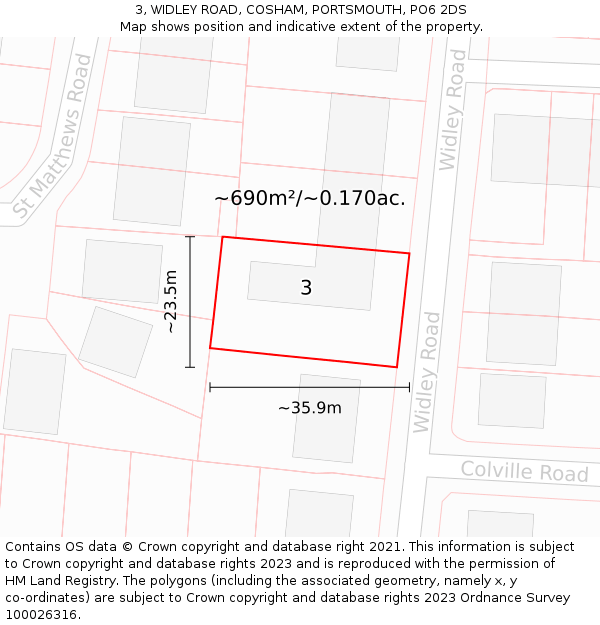 3, WIDLEY ROAD, COSHAM, PORTSMOUTH, PO6 2DS: Plot and title map