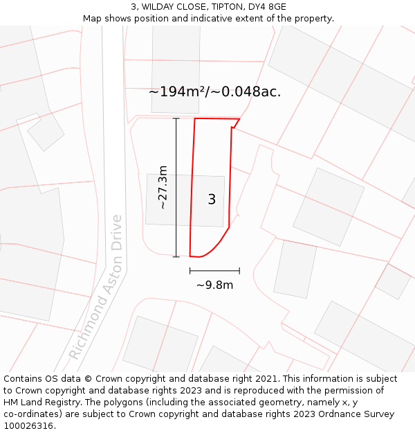 3, WILDAY CLOSE, TIPTON, DY4 8GE: Plot and title map