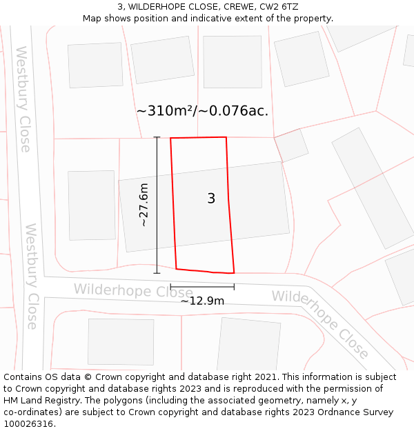 3, WILDERHOPE CLOSE, CREWE, CW2 6TZ: Plot and title map