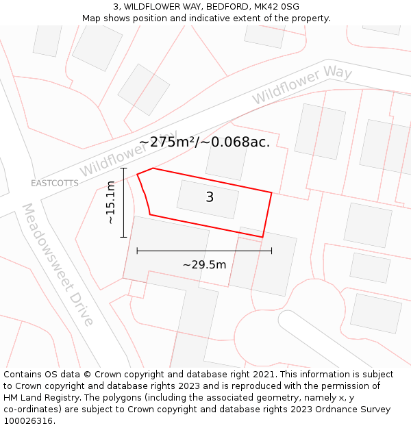 3, WILDFLOWER WAY, BEDFORD, MK42 0SG: Plot and title map
