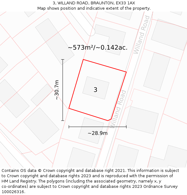 3, WILLAND ROAD, BRAUNTON, EX33 1AX: Plot and title map