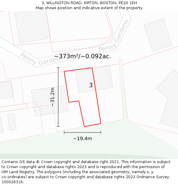 3, WILLINGTON ROAD, KIRTON, BOSTON, PE20 1EH: Plot and title map