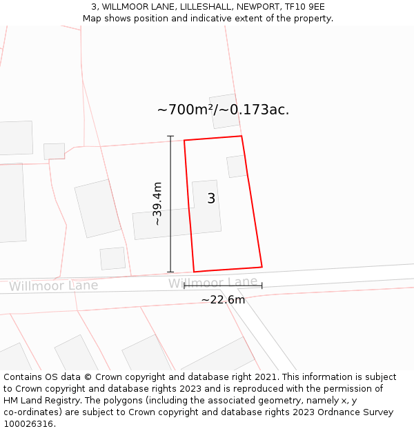 3, WILLMOOR LANE, LILLESHALL, NEWPORT, TF10 9EE: Plot and title map