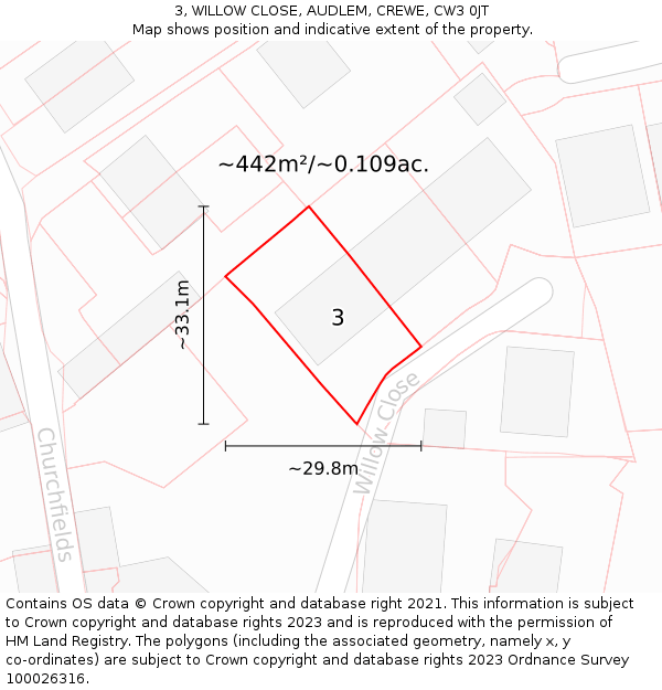 3, WILLOW CLOSE, AUDLEM, CREWE, CW3 0JT: Plot and title map