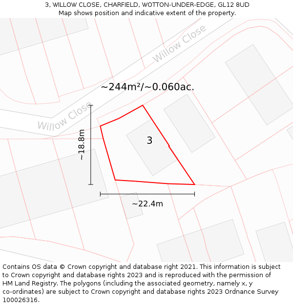 3, WILLOW CLOSE, CHARFIELD, WOTTON-UNDER-EDGE, GL12 8UD: Plot and title map