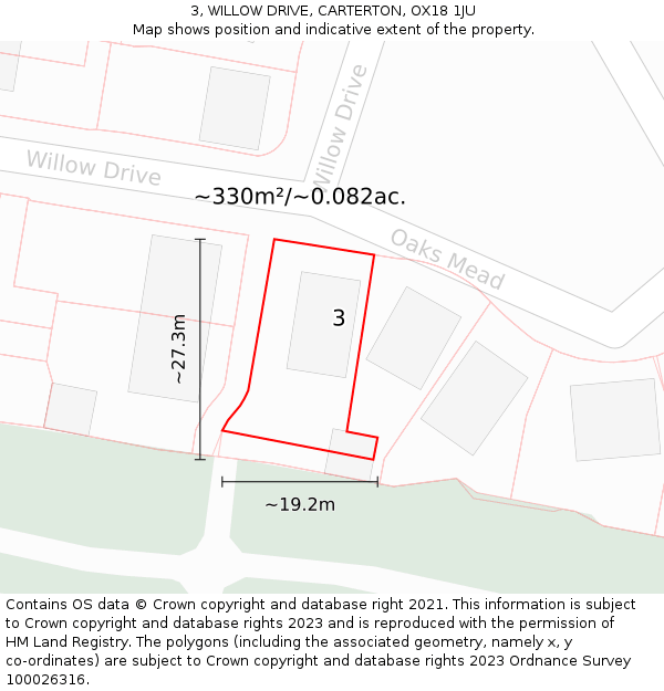 3, WILLOW DRIVE, CARTERTON, OX18 1JU: Plot and title map