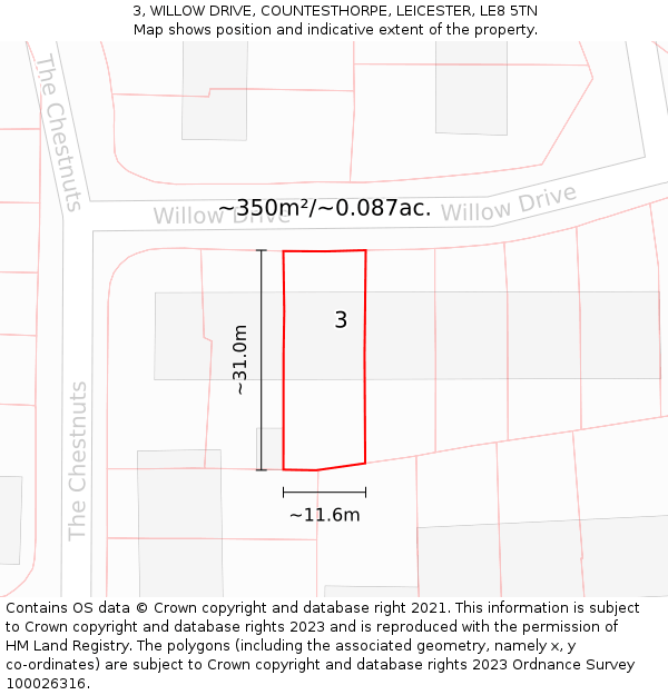 3, WILLOW DRIVE, COUNTESTHORPE, LEICESTER, LE8 5TN: Plot and title map