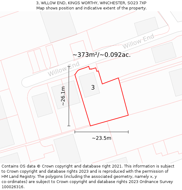 3, WILLOW END, KINGS WORTHY, WINCHESTER, SO23 7XP: Plot and title map