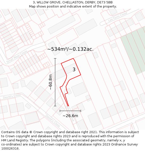 3, WILLOW GROVE, CHELLASTON, DERBY, DE73 5BB: Plot and title map