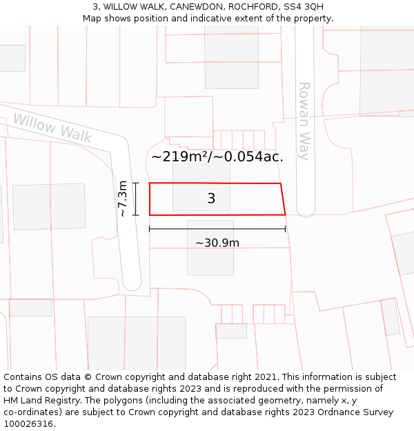 3, WILLOW WALK, CANEWDON, ROCHFORD, SS4 3QH: Plot and title map