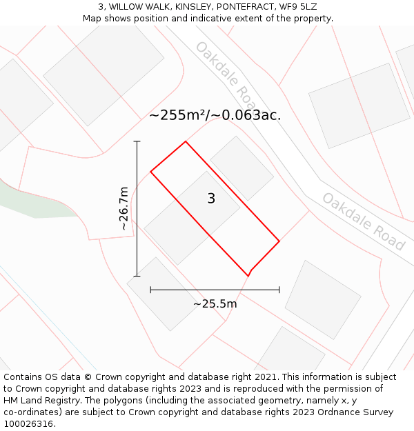 3, WILLOW WALK, KINSLEY, PONTEFRACT, WF9 5LZ: Plot and title map